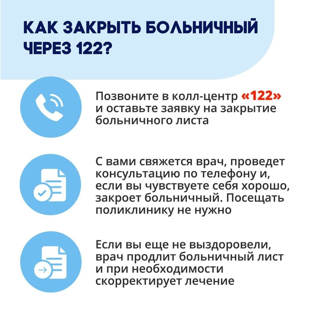 Открыть и закрыть больничный лист можно через колл-центр по телефону 122