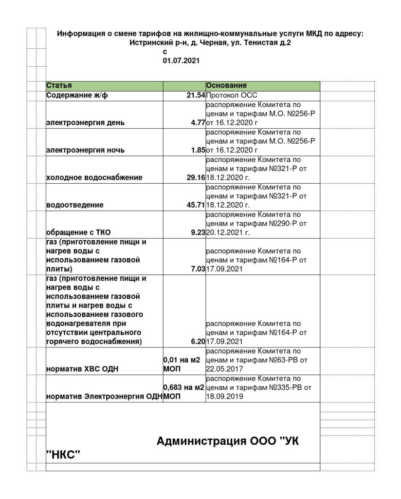 тарифы Истринский район д.Черная ул. тенистая д.2